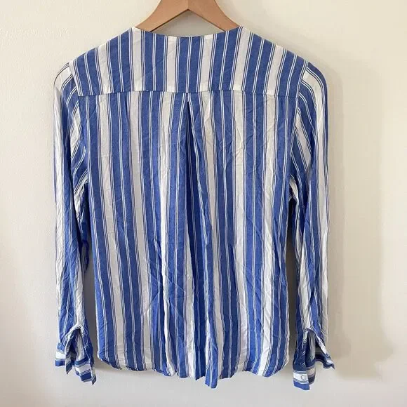 Kut from the Kloth Womens Blouse Small Blue Striped Crossover Roll Tab Sleeve - Picture 5 of 6